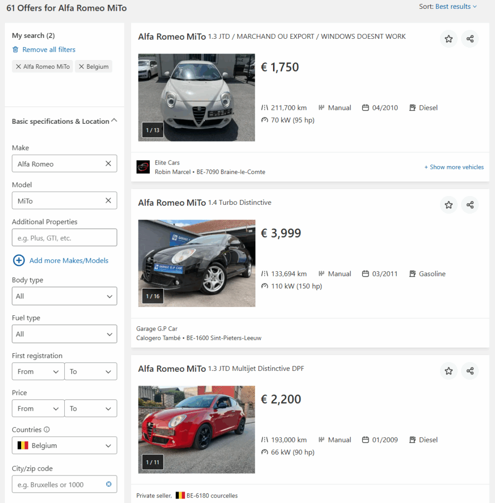 Listings on the AutoScout platform